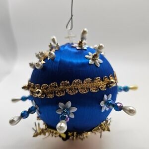 Vintage Blue Gold Beaded Hamdmade Ornament Christmas Tree Ornament Decoration